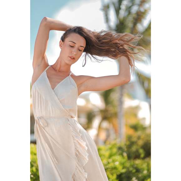 Resort Midi Wrap Dress by T. ZOVICH Linen Sleeveless Beige Raw Hem Ecofriendly - Picture 7 of 16